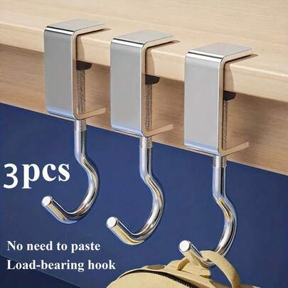 A 3-Piece Set Of Adjustable Hanging Bag Hooks, No-Nail Clip-On Desk Hooks, Office Cubicle Storage Solution For Backpacks And Shoulder Bags, Stylish Portable Desktop Hooks Suitable For Desks, School Tables, And Office Tables