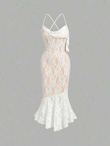 Vestido largo sirena sensual estampado degradado colorido, tirantes finos cruzados en espalda, cuello caído y falda asimétrica con volantes, ideal para vacaciones playeras hawaianas, citas y eventos especiales de primavera y verano - Blanco - Ver 5