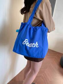 2026 New Style Drawstring Bag, Large Capacity One Shoulder Canvas Bag, Japanese Letter Print, Nylon Material, Handbag, Tote, Suitable For Commuting - Blue - View 4