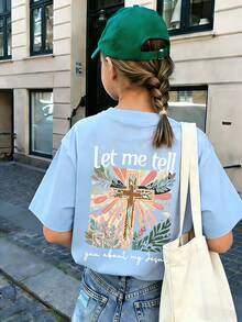 Graphic Tee For Preteen Girls "Let Me Tell You About My Jesus", Made Of Soft And Comfortable Fabric, Suitable For Outdoor Sports, Casual Wear, Street Style, Campus Style, Top - 黑色 - 查看 4