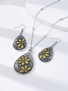 Bộ trang sức hoa cao bồi miền Tây 3 món dành cho nữ, gồm bông tai dáng giọt nước hai tông màu và dây chuyền mặt dây chuyền, trang sức vùng Tây Nam. - Bộ trang sức hoa cao bồi miền Tây - Xem 2