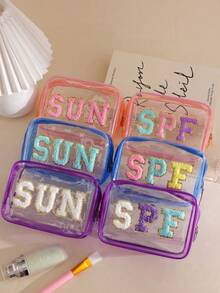 1pc Waterproof Transparent SPF Sunscreen Cosmetic Bag, Waterproof Zipper Makeup Bag, Portable Travel SPF Velvet Sticker Cosmetic Pouch, EVA Plastic Sunscreen Storage Box, Suitable For Vacation, Bathroom, Summer Beach, Swimming And Travel - Multicolor - View 1