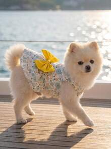 春夏小号碎花公主裙，宠物狗/猫衣服，泰迪/博美/比熊犬连衣裙，带蝴蝶结 - 黃色 - 查看 7