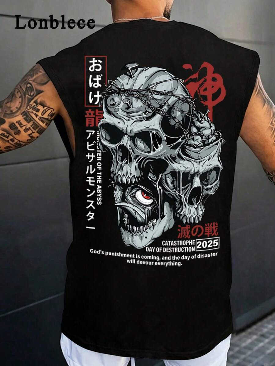 Lonblece 男士日系街头风骷髅印花无袖背心,夏季休闲哥特运动背心 - 黑色 - 查看 1