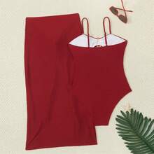 2026 New One-Piece Bikini Swimsuit Solid Color Sexy Beach Vacation Bikini - Red - View 5