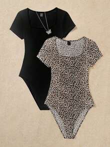 Set de 2 bodys casuales para mujer con estampado de leopardo y unicolor, de cuello redondo y manga corta, ajustados, apropiados para el verano - Multicolor - Ver 5