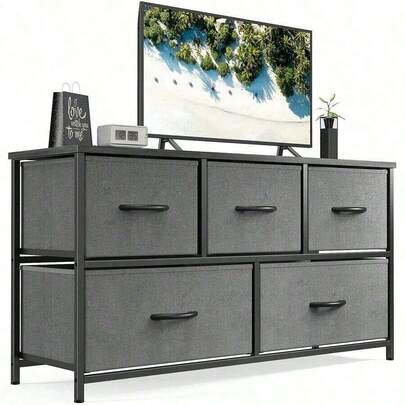 Sweetcrispy 5 Dresser Chest Bedroom, Metal Frame And Wood Top TV Stand Up To 40 Inch With Fabric Storage Drawer Units Living Room