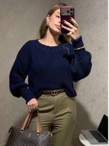 Women's Cozy Ribbed Knit Sweater, Regular Length Pullover Style With Crew Neck And Stylish Puff Sleeves For Everyday Wear. - 奶油色 - 查看 3