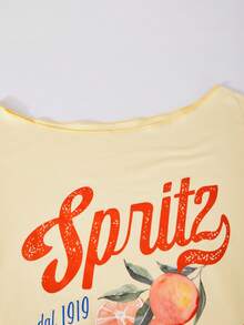 女款復古 Spritz Italia 圖案針織圓領短袖落肩 T-shirt 上衣，春季街頭風夏季款 - 淡黃色 - 查看 10