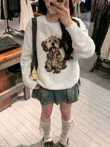 Autumn Women's Cream-Colored Dog Pattern Sweater, Suitable For Campus, Back To School Events, Cute Top, Y2K Streetwear Retro Style, Teacher - Multicolor - View 4