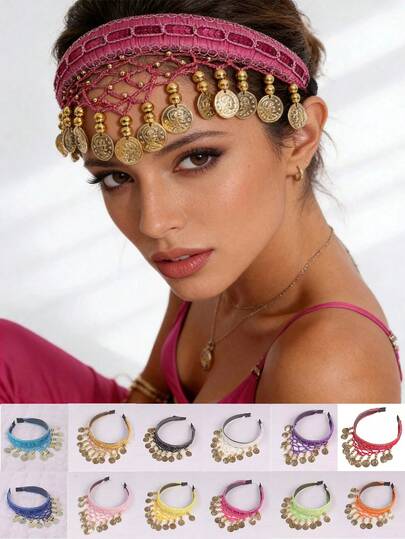 Tocado de danza del vientre con flecos de monedas - Diadema de malla con cuentas para la frente para actuaciones en el escenario y disfraces culturales (disponible en múltiples colores)