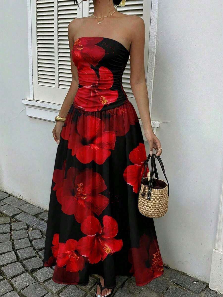 Vestido bandeau con cintura ceñida y estampado de lunares, estilo vacacional - Multicolor 9 - Ver 1