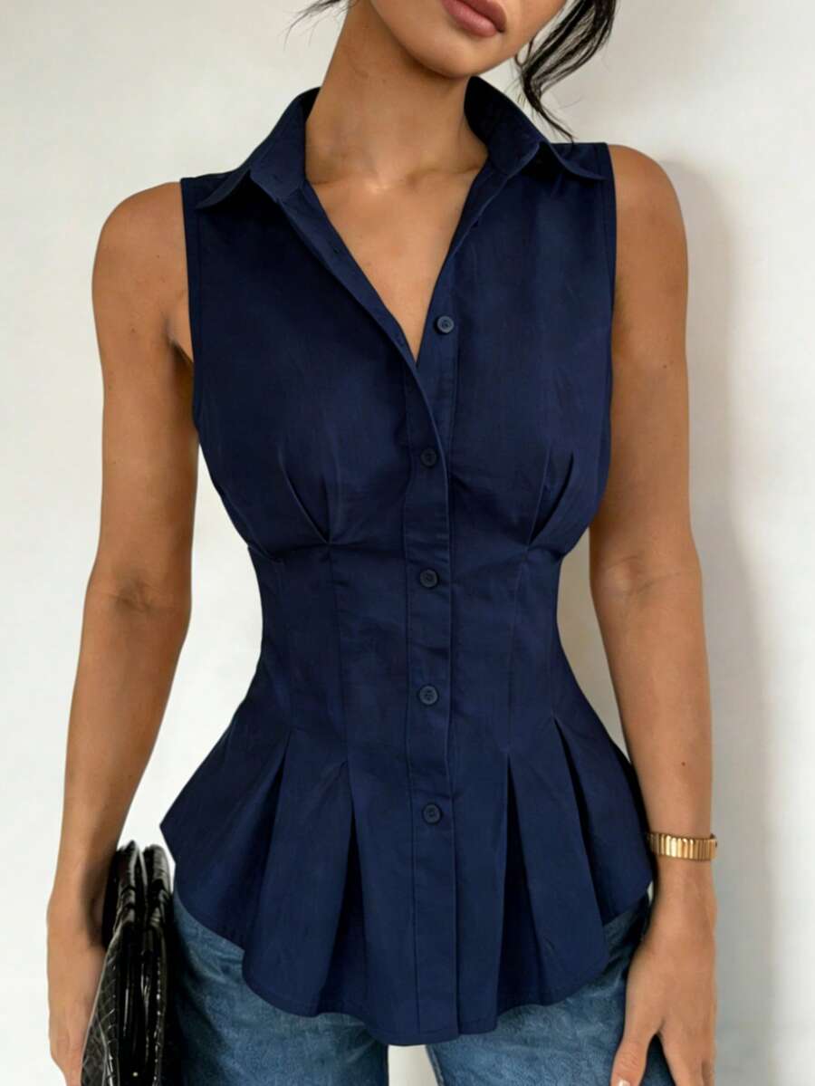 Áo kiểu nữ không tay màu xanh hải quân, xếp ly eo, dáng ôm eo xòe bằng vải chiffon, thích hợp mặc thường ngày/công sở/dự tiệc mùa xuân và hè.
