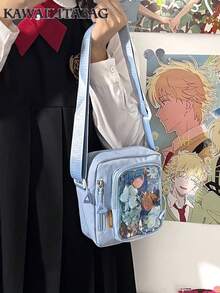 韓系迷你休閒透明口袋小女款斜背包 手機包 Y2K DIY 包 - 藍色 - 查看 3
