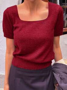 Just Masa Women's Summer Casual Knit Top,Square Neck Short Sleeve Fitted Basic Soild Color Sweater, For Casual,Vacation,Commute,Date,Daily Wear - Burgundy - View 10