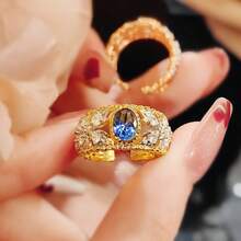 18K Gold Plated Hollow Floral Engraved Blue Oval Zirconia Open Ring For Women - Blue - View 6