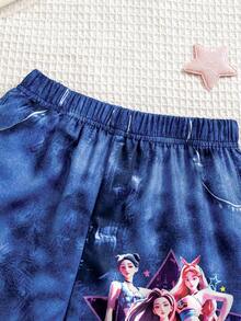 Conjunto de 2 piezas estiloso de degradado púrpura para niñas jóvenes, con parte superior estampada de dibujos animados y shorts estampados, adecuado para actividades diarias, escuela, salidas de fin de semana, fiestas, festivales de música y sesiones de fotos en primavera/verano - Morado - Ver 8