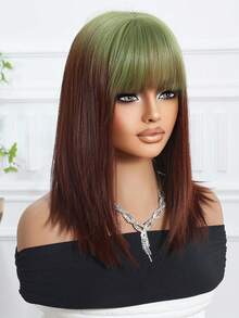 14 Inch Gradient Green To Reddish Brown Straight Synthetic Wig With Bangs, Heat Resistant, Easy To Wear And Maintain, Perfect For Daily Wear, Y2K Style, Party, Cosplay, Music Festival, Halloween, Ideal Holiday Gift For Girls - Brown Ombre - View 7