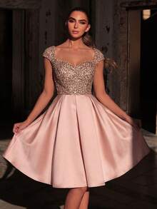 Women's Formal Cocktail Party Dress, Sparkling Sequins & Beaded Heart Neckline, Short Puff Sleeves Fitted Cut, Slightly Stretchy, Midi Length Skirt, Suitable For Weddings And Other Occasions - Champagne - View 2