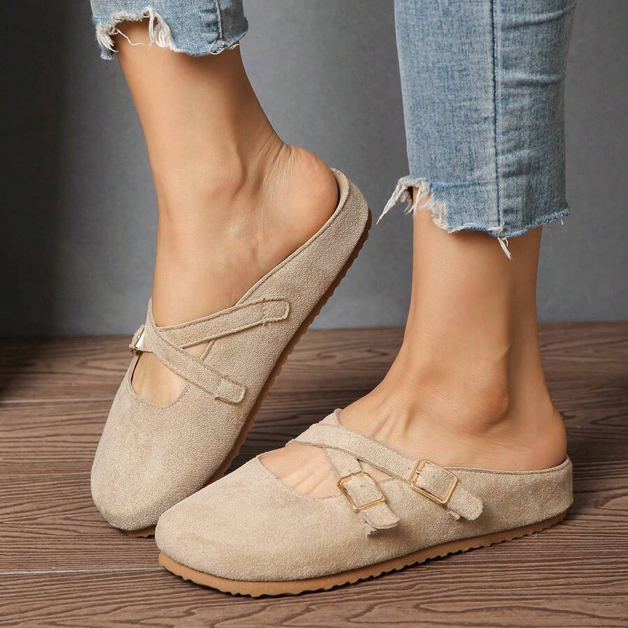 Women's Criss-Cross Slide Sandals With Metal Buckle - Casual Comfortable Slip-On Shoes, Suitable For Daily And Office Wear - Khaki - View 1