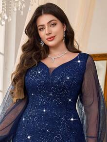Plus Size Deep V-Neck Sequin Floral Lace Contrast Mesh Mermaid Ruffle Hem Evening Party Dress, Wedding Guest Dress Elegant - Navy Blue - View 9