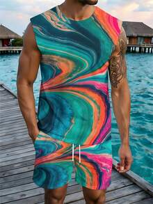 Summer Outfits For Men Abstract Art 2026 Summer New Styles Men's Plus Size Wide Shoulder Vest & Beach Shorts Set Two Piece Set Colorful Swirl Pattern For Beach And Pool Activities Perfect Gift For Him - 白色 - 查看 3