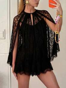 Vestido Mini Mujer con Capa de Encaje Transparente Bordes Eyelash con Forro Desmontable Tirantes Ajustables Lencería Sexy Elegante Fiesta Noche - Negro - Ver 3