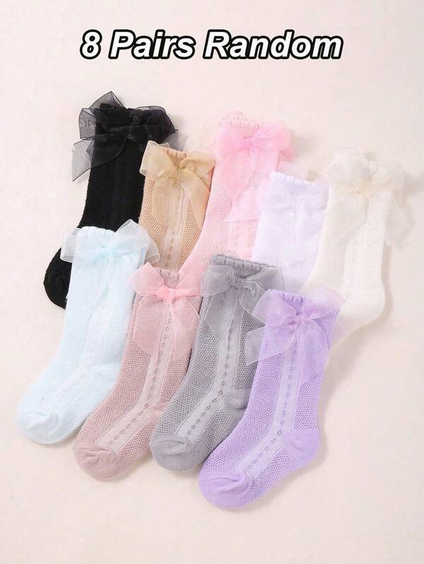 3/8 Pairs Random Color Girls Mesh Breathable Knee High Socks With Bow Decor, Comfortable Breathable Children Socks For Summer
