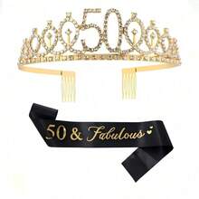 2件套女士金色40岁精致时尚合金水钻数字生日皇冠头箍肩带套装，适用于生日派对和舞会 - 金色 - 查看 5