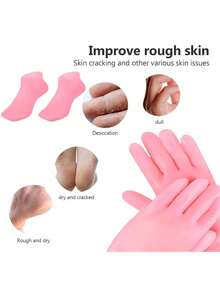5-Pack Silicone Moisturizing Socks Set, 1 Pair Gloves And 1 Pair Foot Covers, Unscented, Super Tough, Non-Slip, Perfect Fit For Cracked Skin, Reusable Spa Socks For Softening Feet And Hands, Ideal For Cracked Heels And Rough Hand Care - 粉紅色 - 查看 3