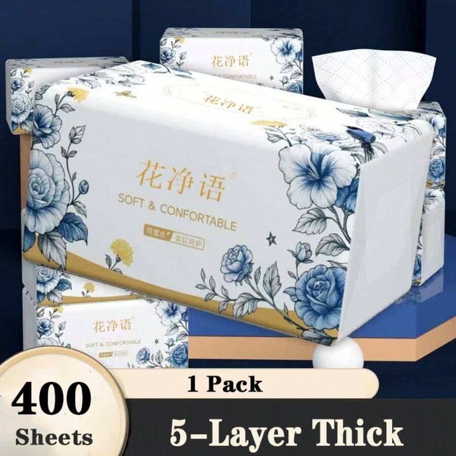 1包 400張大容量4層厚壓紋餐巾紙,精美花卉圖案包裝,高吸水性且耐用,適用於廚房、浴室、居家、旅行、辦公室及宿舍,宿舍必備品,優雅餐巾設計,耐用紙質 - 1Pack, 400 Sheets - 查看 1