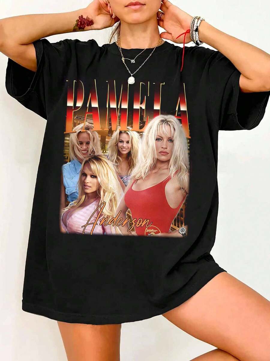 Vintage Pamela Anderson 90s T-Shirt, Counterfeit, Retro Style, For Baywatch Fans - Black - View 1