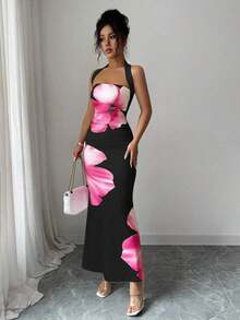 Vestido midi estampado de verano 2025 para mujer, con cuello halter y cintura ajustada. - Negro - Ver 4