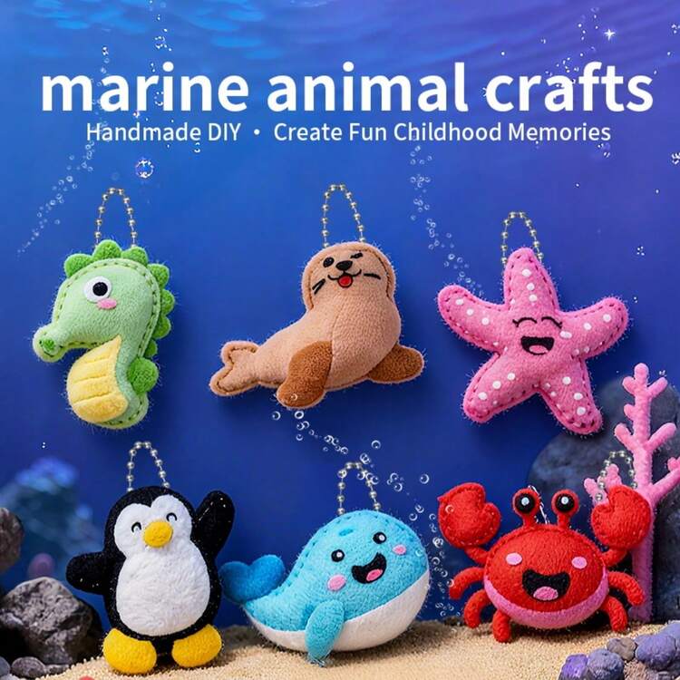 Kit De Costura Infantil – 6 Animales Marinos De Tela No Tejida (caballito, Delfín, Ballena, Sirena, Cangrejo, Medusa) – Manualidades Para Niños De 3+ Años