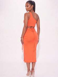 Women's Sexy One Shoulder Crop Top With Criss Cross Detail And Ruched Split Thigh Midi Skirt Two Piece Set Comfortable Knitted Fabric For Casual Or Party Wear - 橘色 - 查看 3
