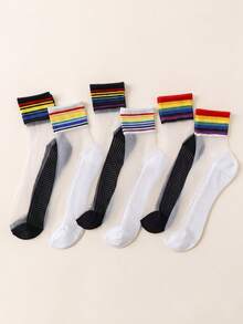 5 Pairs Random Rainbow Striped Transparent Crystal Glass Fiber Breathable Mid-Calf Socks, Spring/Summer - Multicolor - View 4