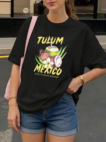 Camiseta negra con estampado de coco y texto Tulum Mexico solo cosas buenas para playa - Negro - Ver 1