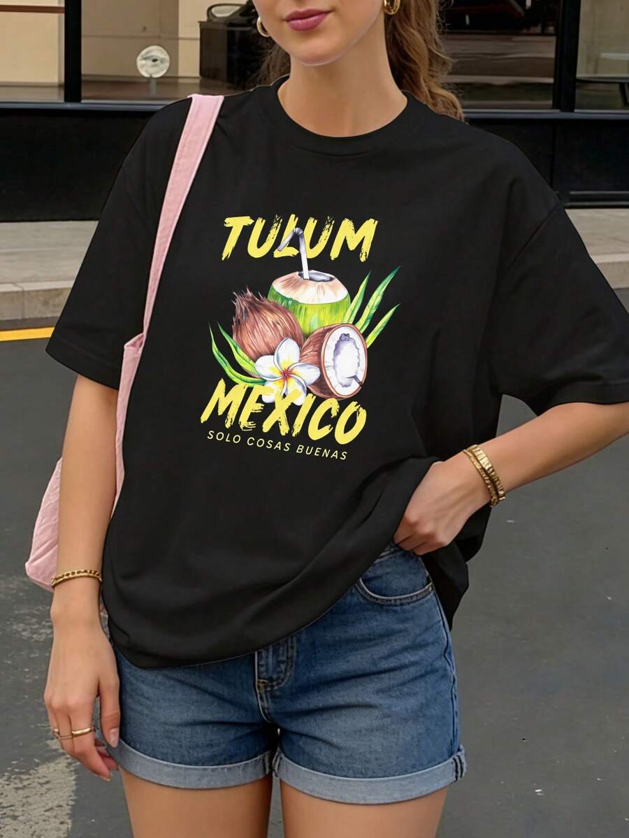 Camiseta negra con estampado de coco y texto Tulum Mexico solo cosas buenas para playa - Negro - Ver 1