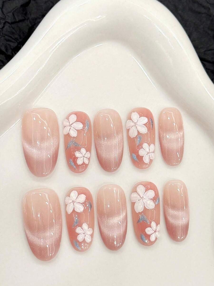 10片装中号椭圆形手工美甲贴片，适合派对和日常佩戴，粉色美甲，椭圆形中号，猫眼手绘3D花朵椭圆形美甲贴片，夏季新款，优雅可重复使用的手工美甲贴片，闪亮耀眼，易于佩戴。10片装Y2K手工美甲贴片，夏季美甲，夏季风格，适合女孩和女士参加节日派对和日常佩戴。