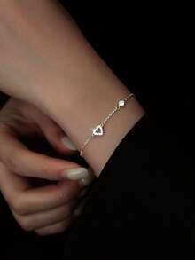 1pc S925 Sterling Silver Hollow Heart Rhinestone Bracelet, Sweet & Cute Ins Style Delicate Minimalist Accessory, Fashionable & Refined, Suitable For Girls Daily Wear Or Birthday Gift - Love - View 5