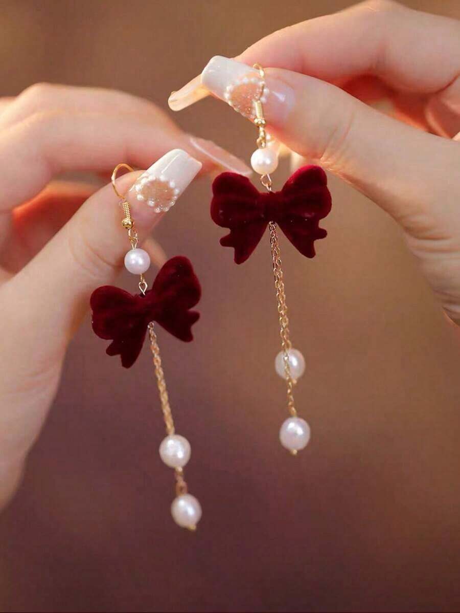 1 Pair Fashionable & Versatile Bow Tassel Earrings Valentines,Mom,Mother,Mother's Day,Gift - Red 2 - View 1