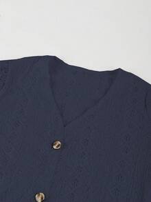 V-Neck Lace Patchwork Hollow Out Embroidery Front Button Spring/Summer Short Sleeve Top - Navy Blue - View 3
