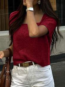 Just Masa Women's Summer Casual Knit Top,Square Neck Short Sleeve Fitted Basic Soild Color Sweater, For Casual,Vacation,Commute,Date,Daily Wear - Burgundy - View 9