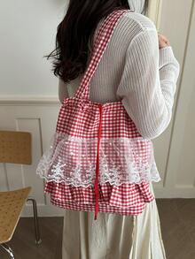 Casual Minimalist Plaid Drawstring Pleated Hem Large Capacity Tote Shoulder Bag, Women Pleated Hem Shoulder Bag - Multicolor - View 12