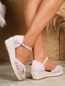 女士优雅单带搭扣坡跟厚底鞋，适合所有季节 - 粉色 - 查看 3