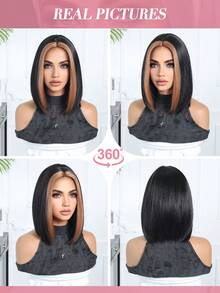 Tóc giả thẳng dáng bob bằng sợi tổng hợp dài 12 inch, màu đen với họa tiết tiền màu nâu nhạt, chịu nhiệt, thích hợp sử dụng hàng ngày, đi làm, đi học, hẹn hò, sinh nhật, Halloween, Giáng sinh, Lễ Tạ ơn, lễ hội âm nhạc, quà tặng phong cách Y2K cho bạn thân, chị gái, mẹ, bạn gái, trông tự nhiên, thoải mái, không cần keo, dễ đội. - màu nâu - Xem 9