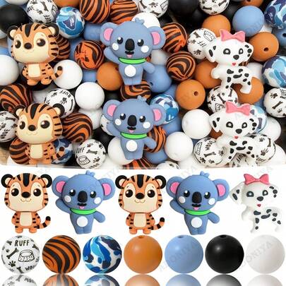25/32/52pcs 3D Cute Animal Series Silicone Bead Set, Tiger, Koala, Dalmatian Shaped Loose Beads For DIY Necklace, Bracelet, Jewelry Making, Decoration, Holiday & Birthday Gift