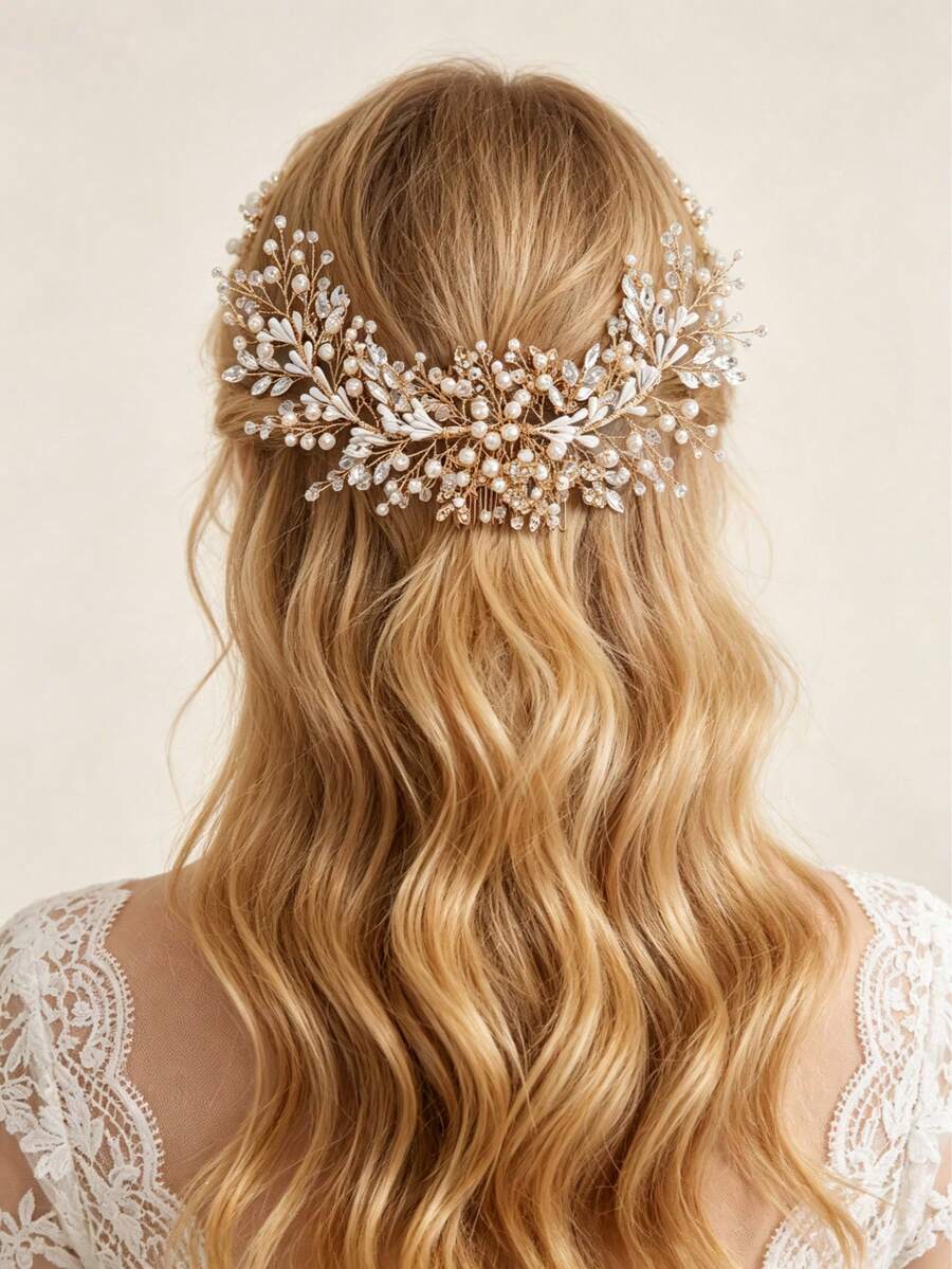 1 pieza Peineta accesorio de novia elegante con flor blanca, cristal y perla en forma de hoja - Dorado - Ver 1