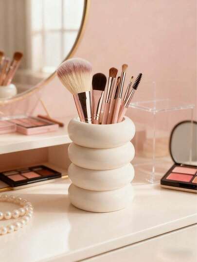 Single Piece Stacked Donut Makeup Brush Holder, Ins Aesthetic Vanity Table Desktop Cosmetic Storage Organizer, Minimalist Doughnut Makeup Brush Storage Tube, Tabletop Makeup Tool Container, Vanity Desk Cosmetic Brush Storage Can, Elegant Aesthetic Vanity Desktop Makeup Brush Organizer