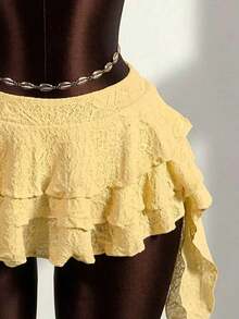 Zestiva Conjunto de traje de baño de 3 piezas para mujer con top bandeau de unicolor, cuello alto fruncido y bajo fruncido, hecho de tela especial trenzada - Amarillo - Ver 8